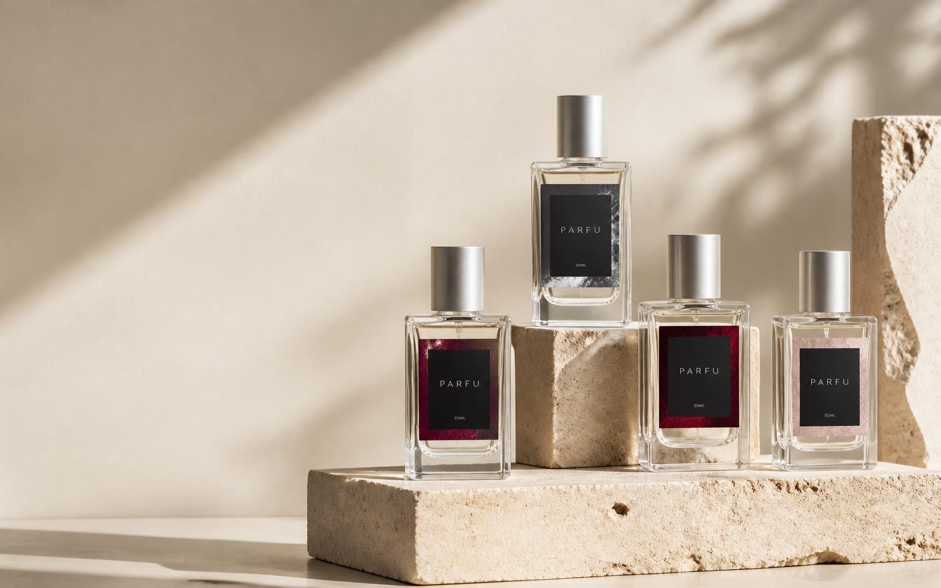 Four PARFU fragrance bottles in warm studio light